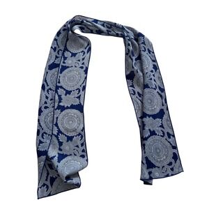 Navy Blue Grey Floral Medallion Skinny Scarf Long Rectangle Lightweight 54 Inch